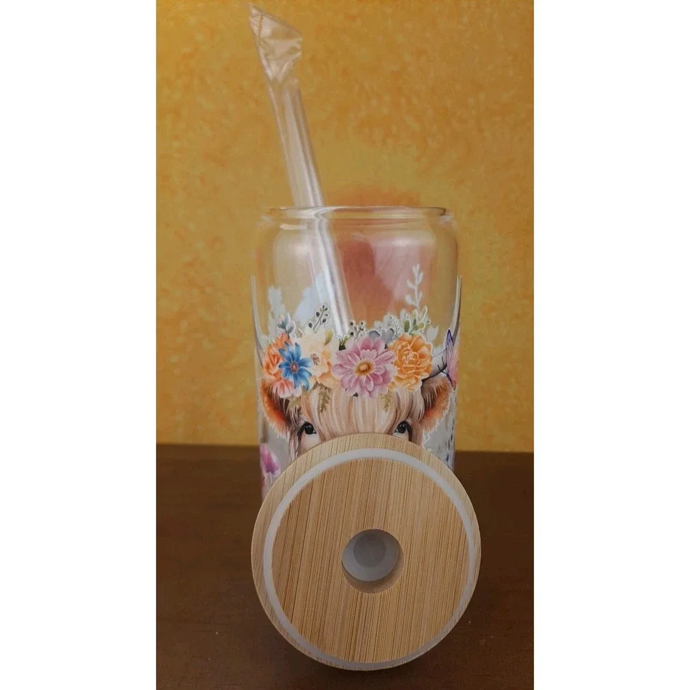 Midland Brown Cow With Wildflowers 12oz Frosted Glass Tumbler With Straw‎